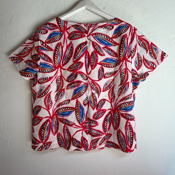 J.Crew Womens White Red Leaf Print Linen Cotton Short Sleeve Top XXL F1172 New - Picture 2 of 8